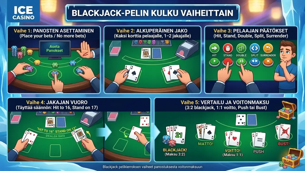 Blackjack pelikierroksen vaiheet panostuksesta voitonmaksuun